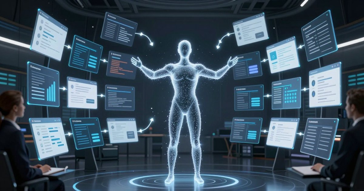 A browser-operating AI agent inspecting a CRM dashboard and a ticketing UI side by side — representing enterprise computer-use AI replacing traditional RPA
