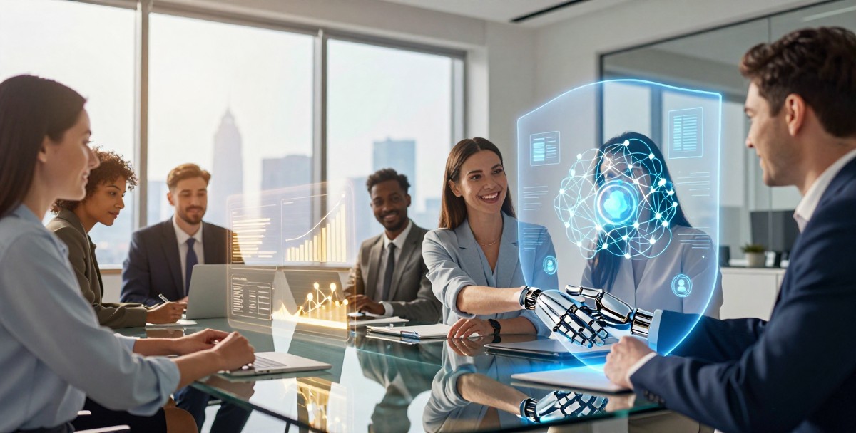 A balanced scale with luminous AI technology on one side and a protective human hand on the other — representing the balance between AI promise and responsible risk management