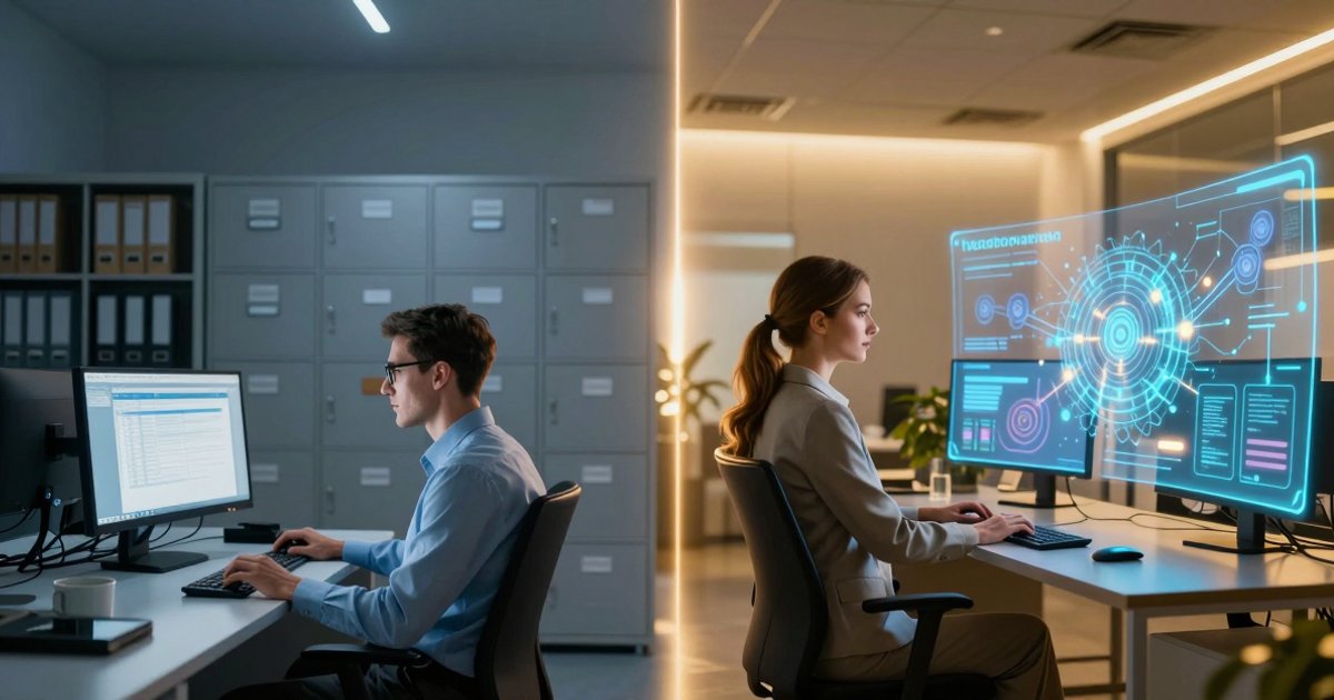 Digital transformation evolving into AI transformation — futuristic data visualization