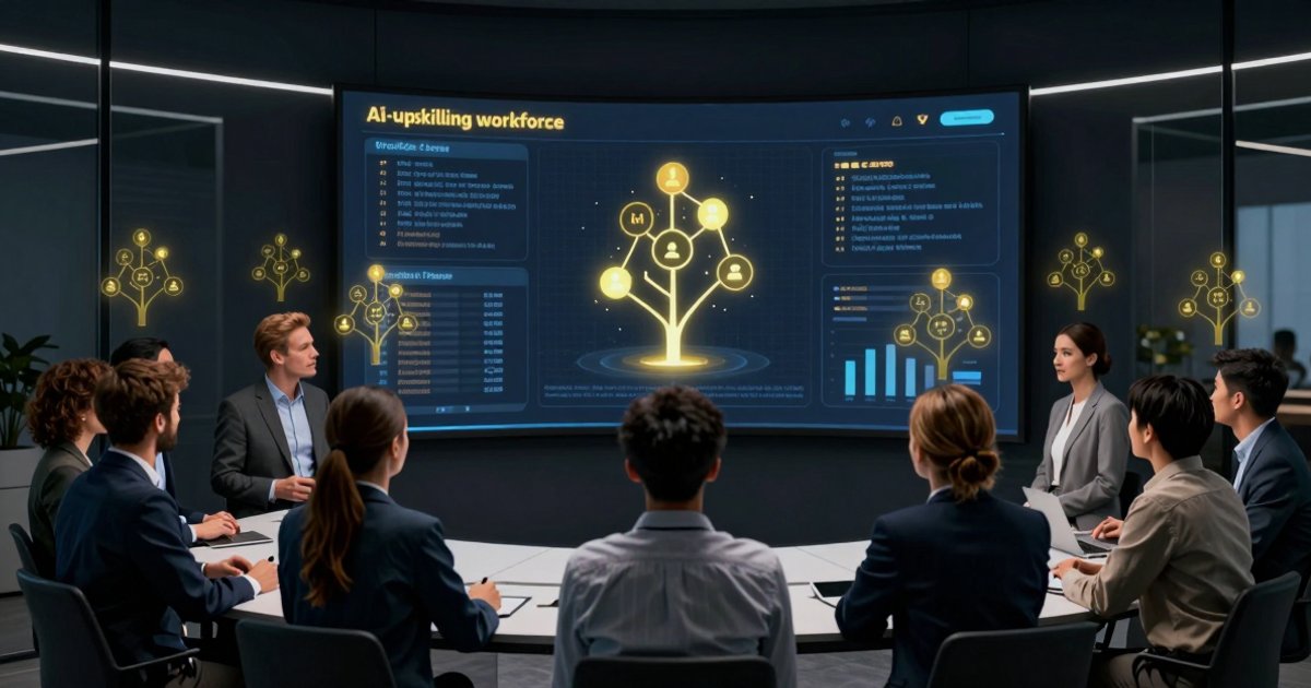 AI Upskilling: Building an AI-Literate Workforce from Zero Corporate AI training workshop — employees learning AI skills in modern office