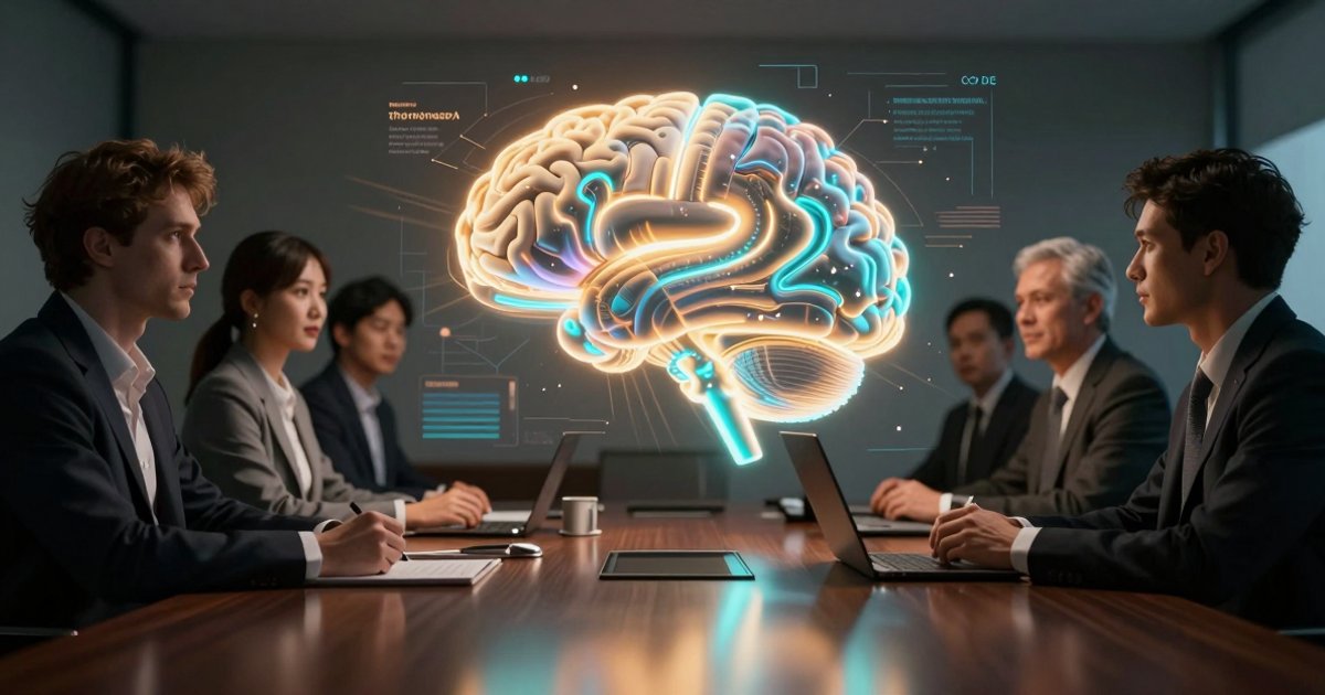 Holographic AI brain floating above a corporate boardroom — executives strategizing generative AI implementation